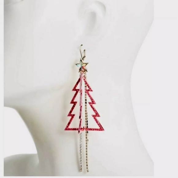 BETSEY JOHNSON Open Silver & Pink Crystal Strand Christmas Tree Dangle Earrings - Picture 3 of 3